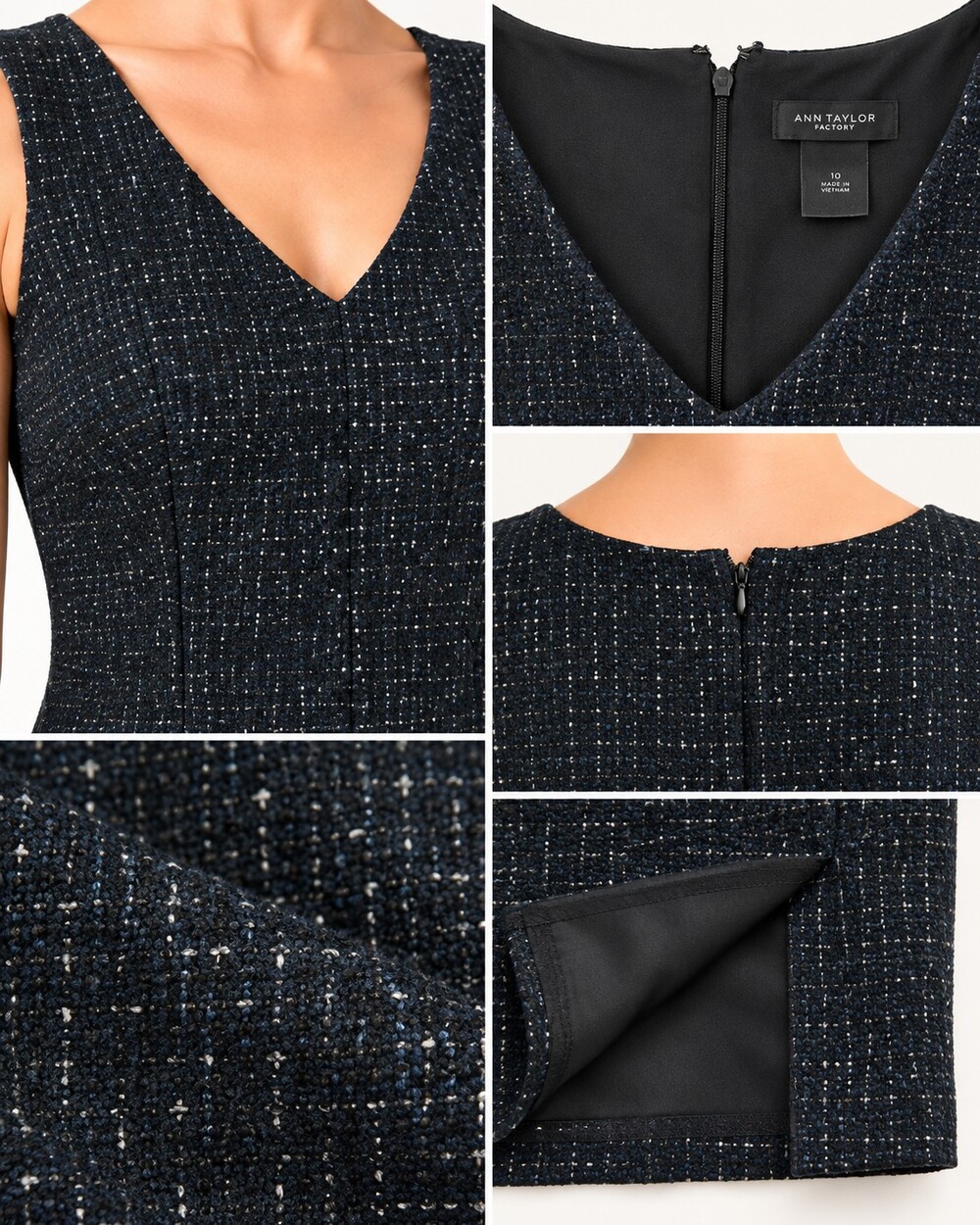 Ann Taylor Black Tweed V Neck Sheath Dress Size 10 - Picture 4 of 9